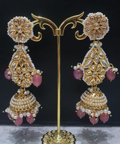 Jewellity Pink and Gold/Golden Kundan with Back Meena Jhumki Dangle Long Earrings for Women/Girls ERK -5239