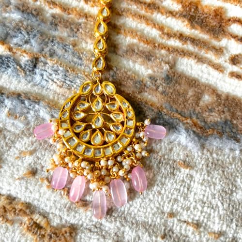 Jewellity Pink Beads in Gold Kundan with back meena work Traditional Maang Tika/Tikka Wedding/Festive for Women/Girls TK-5245