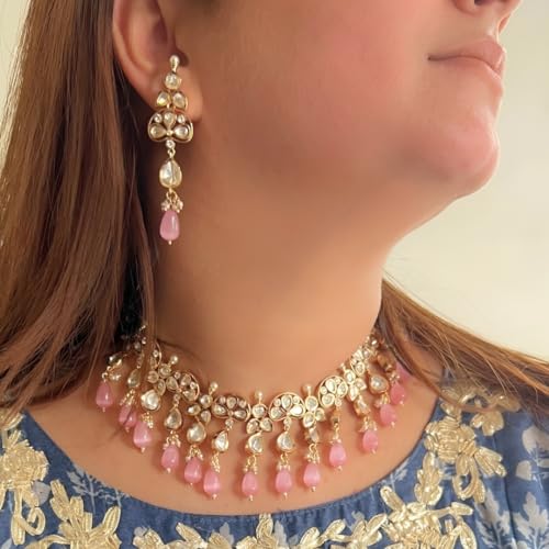 Jewellity Pink Moissanite Kundan Rose Gold Finish Necklace with Earrings For Women NSK-5233