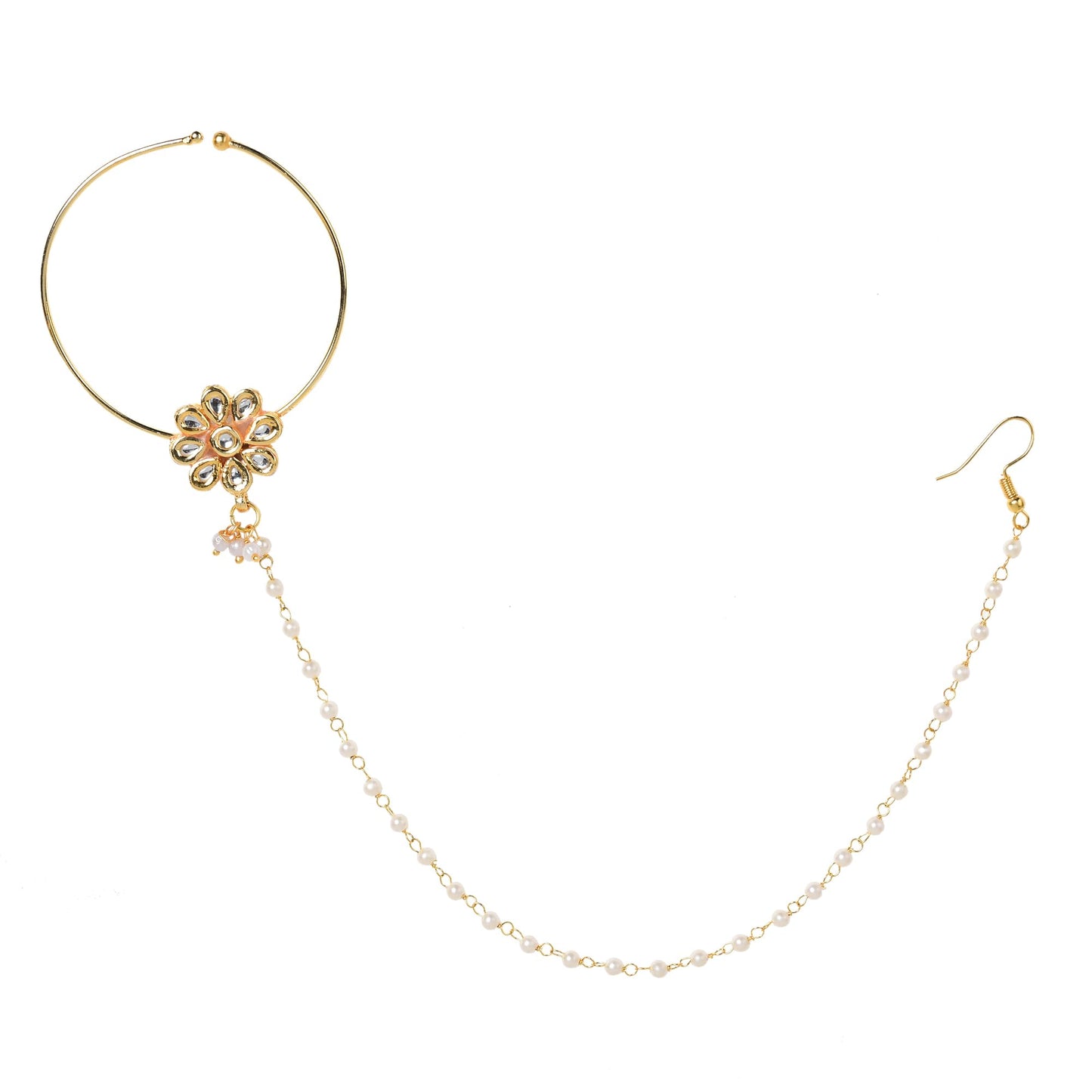 Kundan Motif Design Nose Ring with Pearl Chain
