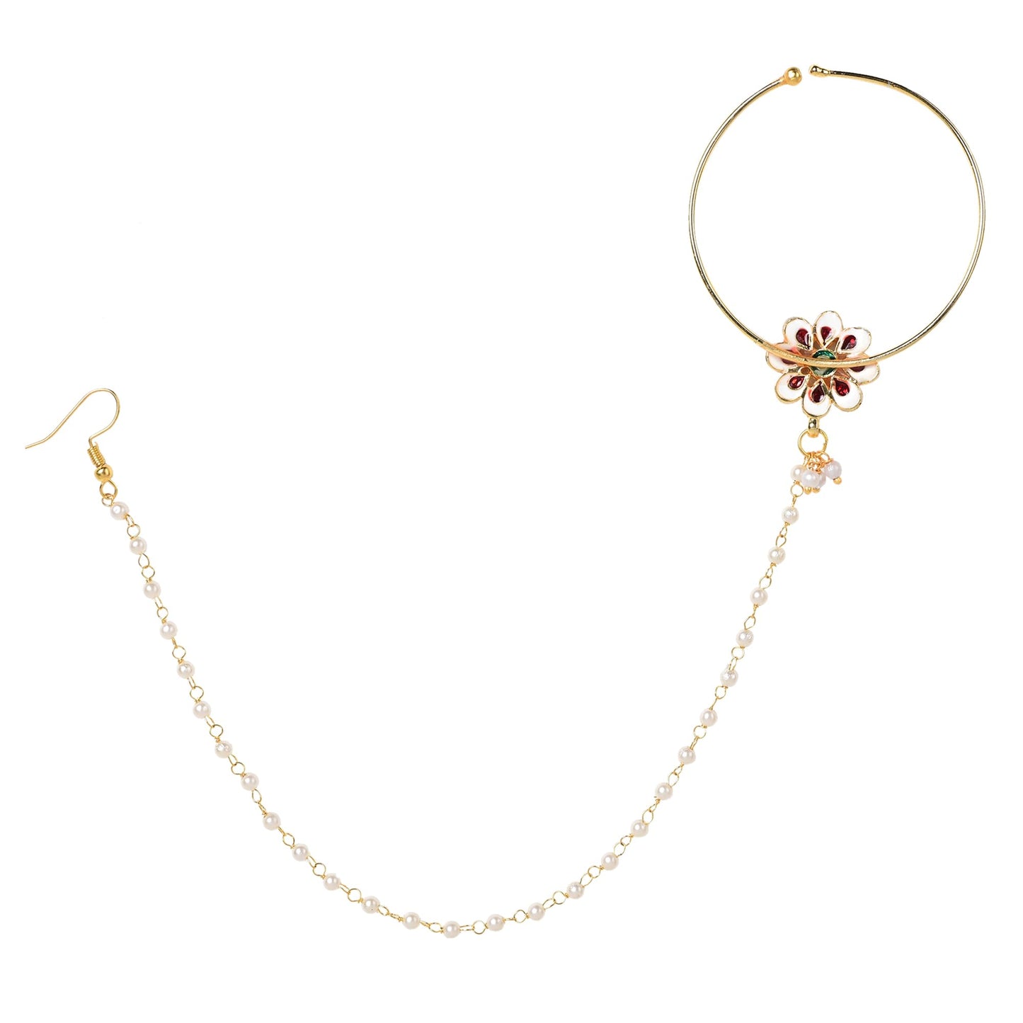 Kundan Motif Design Nose Ring with Pearl Chain