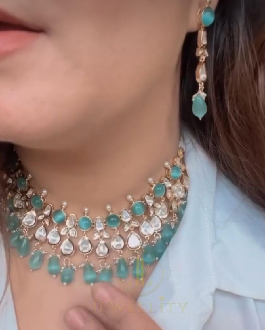 Jewellity Red AD Kundan Designer Necklace Set with Earrings Gift for Women/Girls NSK-5189
