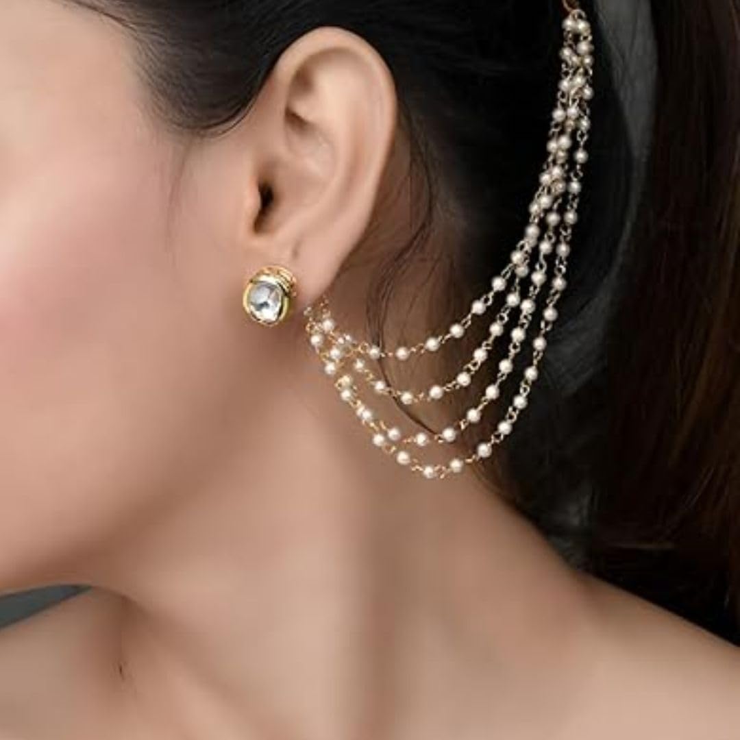 Jewellity White Pearls Ear Chains, Earring Supporter, Kaan Chain, Hair Chain for Women EC-204
