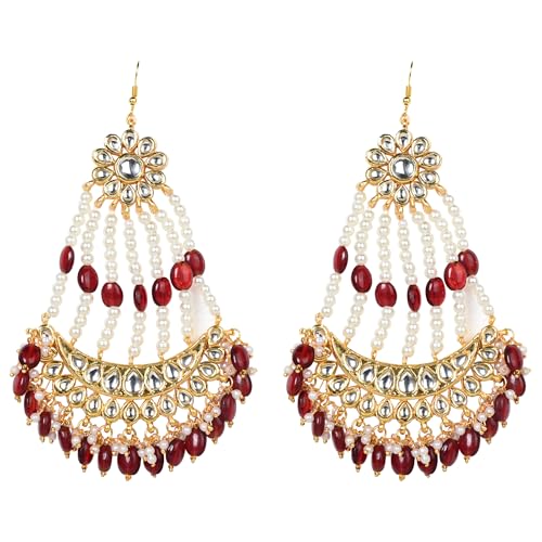 Jewellity Maroon/Red, White and Golden Kundan with Back Meena Chandbali Wedding/Bridal Dangle/Chandelier Earrings for Women/Girls ERK -5244