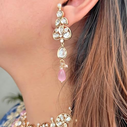 Jewellity Pink Moissanite Kundan Rose Gold Finish Necklace with Earrings For Women NSK-5233