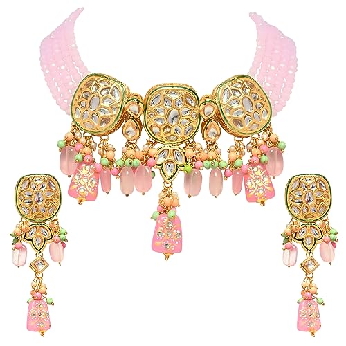 Jewellity Pink/Light Pink/Baby Pink Kundan Choker Designer Necklace with Long Earrings For Women/Girls NSK-5137