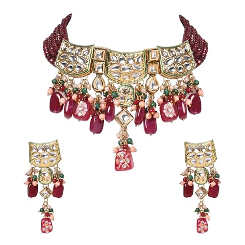 Jewellity Maroon Beads and Kundan Meenakari Choker Necklace With Earrings Set For Women/Girls NSK-5165