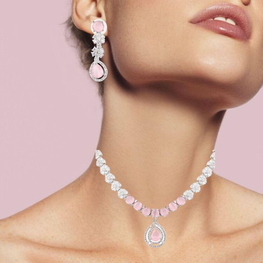 Pink and Silver Necklace with Long Earrings