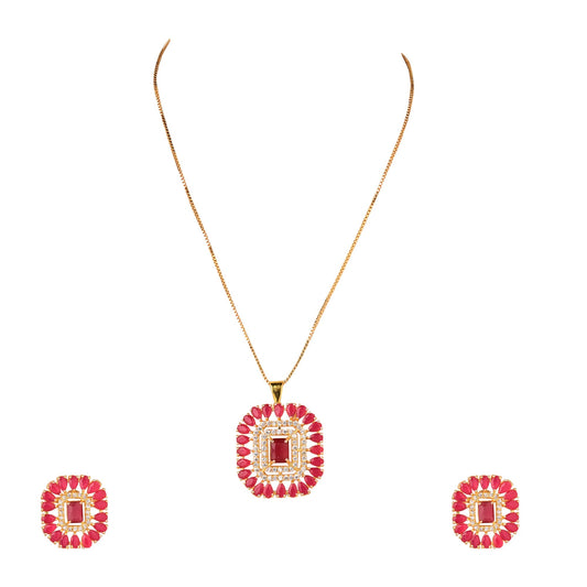 Jewellity Red Golden Pendant And Earrings Set (with chain) For Women/Girls PSG-1101