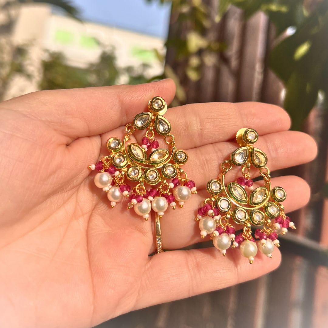 Jewellity Red Kundan with Back Meena Chandbali Dangle Earrings for Women/Girls ERK -5193