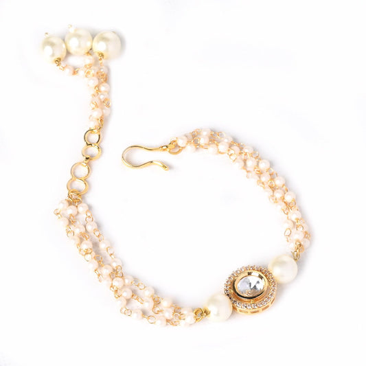 Jewellity White Foil Kundan and pearl bracelet with pearl chain handchain/haathphool for women/Girls HCK-5177