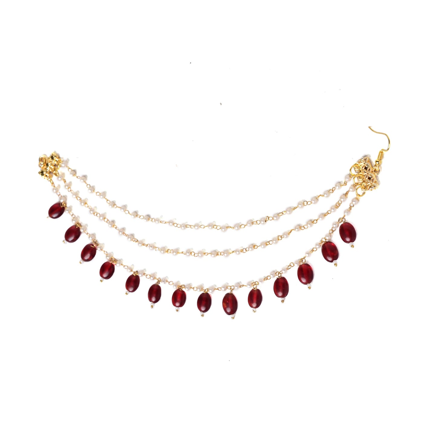 Jewellity Pearl and Ruby Red Beaded Hair Accessory Ear Chain Earring Supporter For Women/Girls EC-205