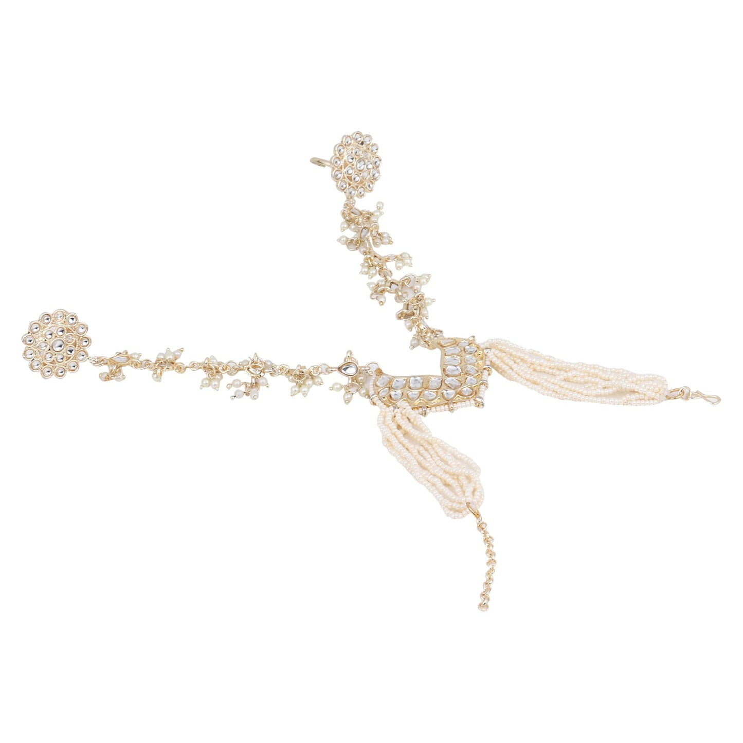 Jewellity White Kundan Hand Chain/Hathfool/Bracelet/Hand Harness with Two Rings, Pearl Chains, Chandbali Centrepiece, Bridal For Women/Girls HCK-5257