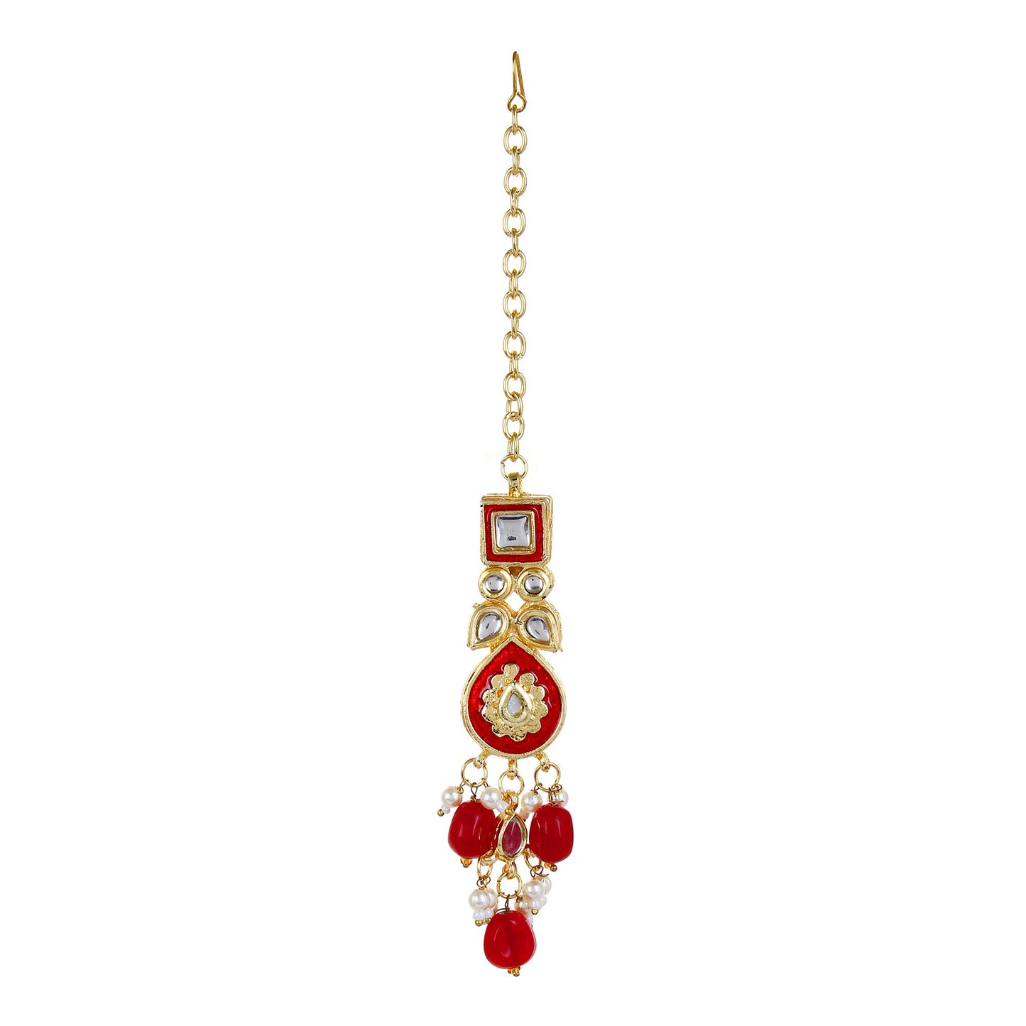 Jewellity Red And Golden Kundan Designer Traditional Necklace WIth Earring And Maang Tika Set For Wedding, Bridal, Engagement, Anniversary Jewellery For Womens And Girls