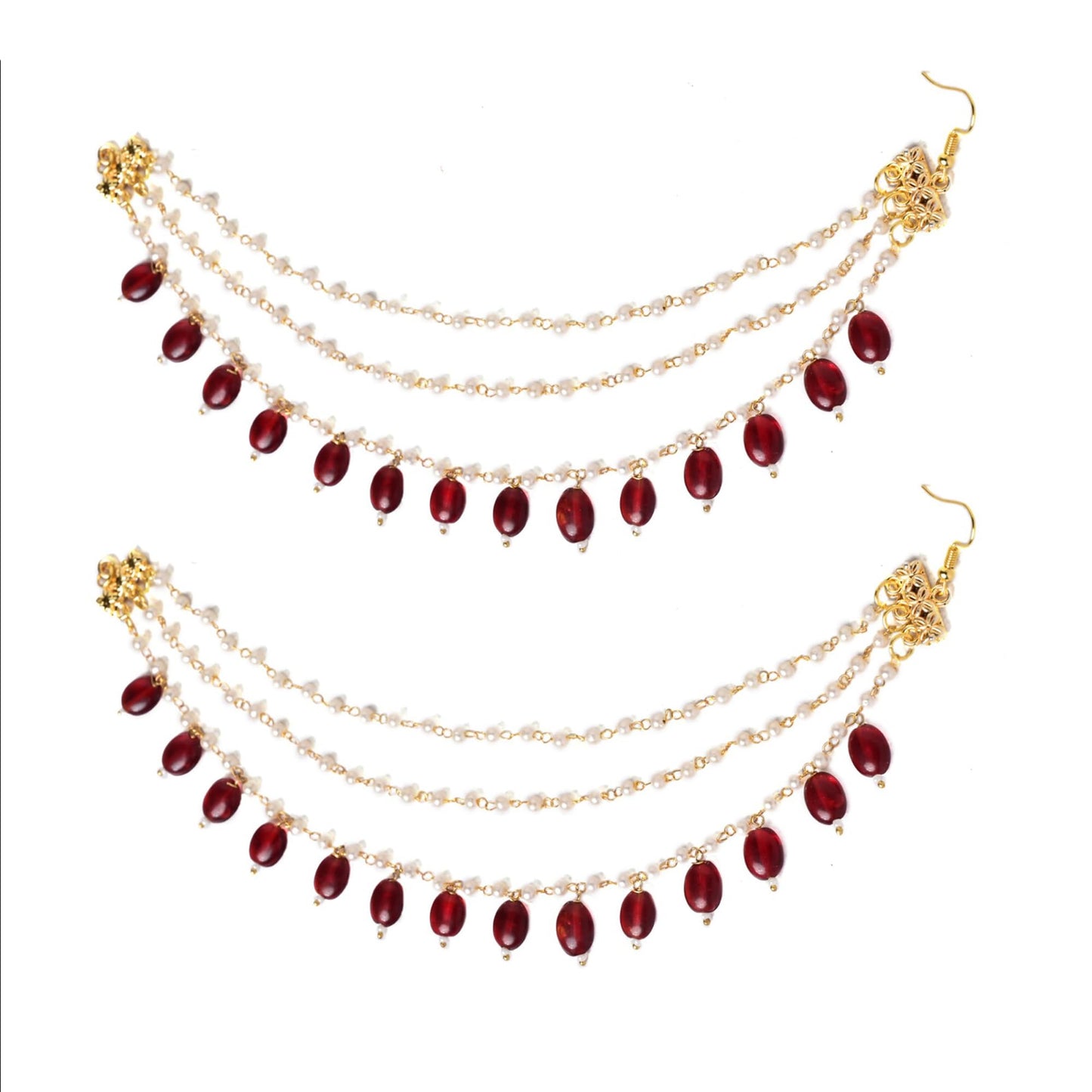 Jewellity Pearl and Ruby Red Beaded Hair Accessory Ear Chain Earring Supporter For Women/Girls EC-205