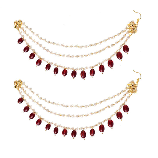 Jewellity Pearl and Ruby Red Beaded Hair Accessory Ear Chain Earring Supporter For Women/Girls EC-205