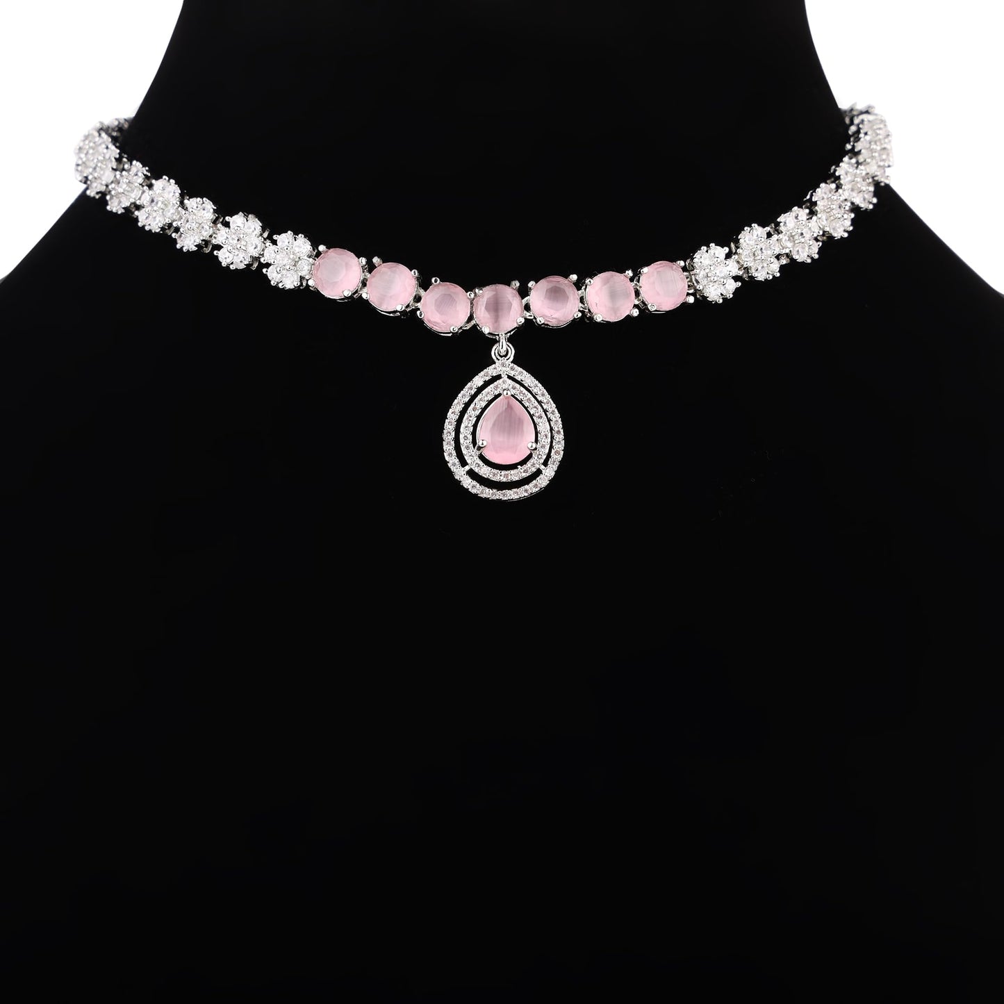 Pink and Silver Necklace with Long Earrings