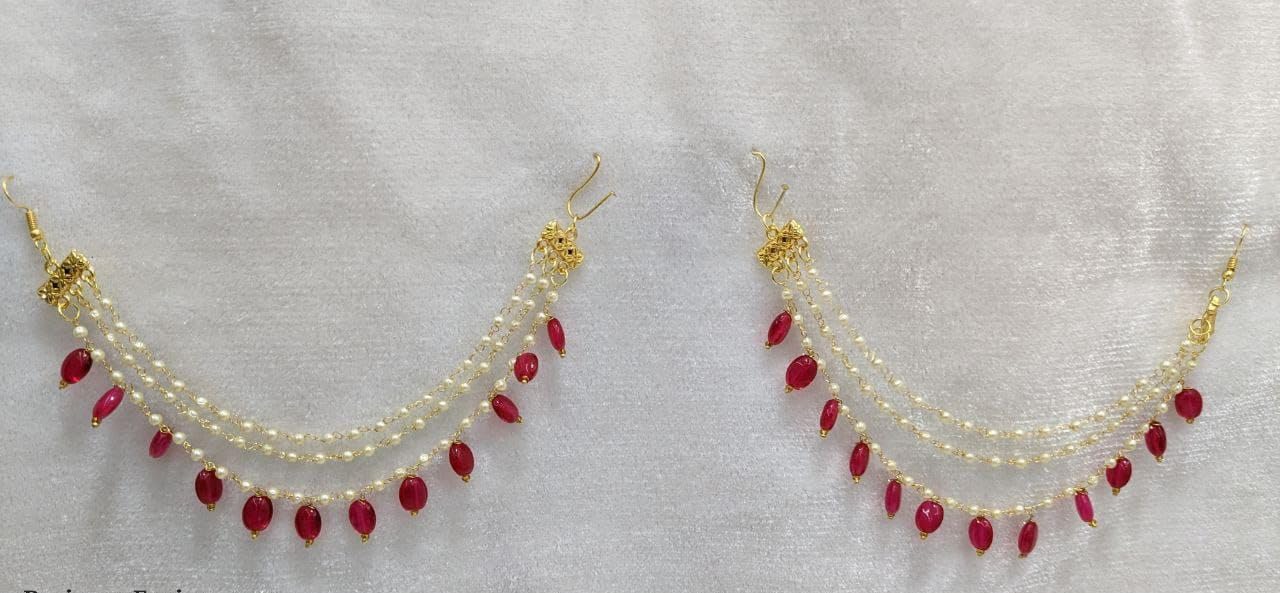 Jewellity Pearl and Ruby Red Beaded Hair Accessory Ear Chain Earring Supporter For Women/Girls EC-205