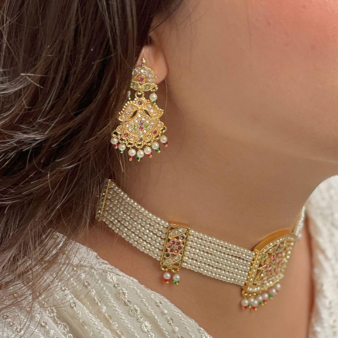 Jewellity Pearl Jadau Choker Necklace with Earrings, Gold Tone with Multicolour Gemstones For Women, Girls NSJ-906