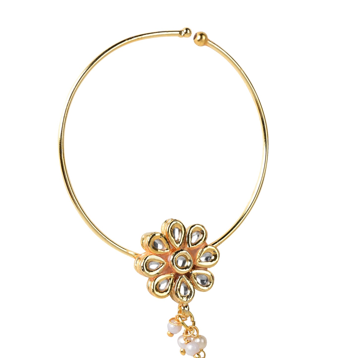 Kundan Motif Design Nose Ring with Pearl Chain