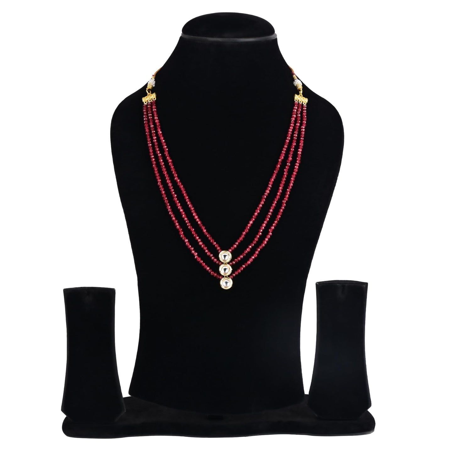 Kundan Three-Strand Red Onyx Beaded Necklace with Stud Earrings