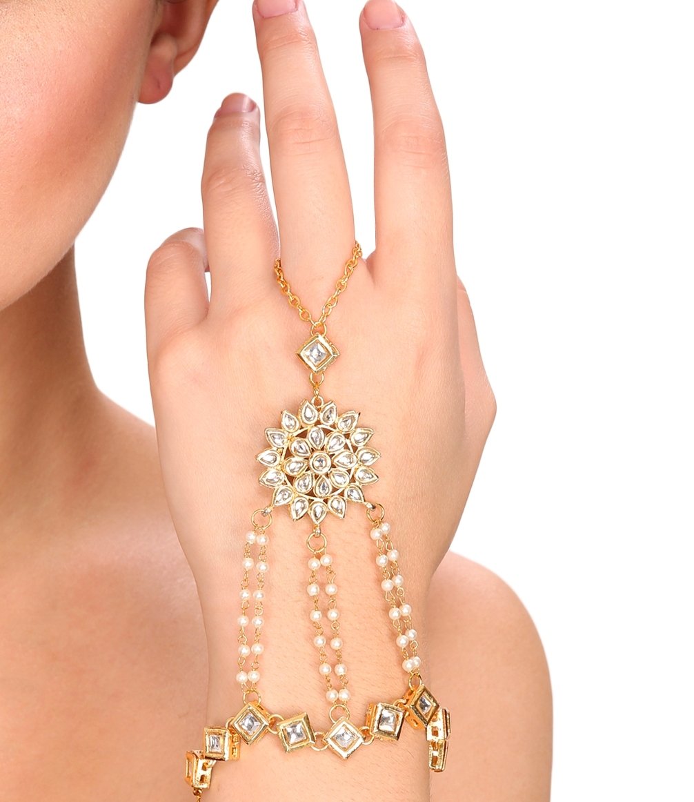 Jewellity Kundan Sunflower Handchain (Haathphool/Haathfool) Golden Bracelet Wedding Designer Traditional Cocktail Fusion wear Gifts for Women HCK-555