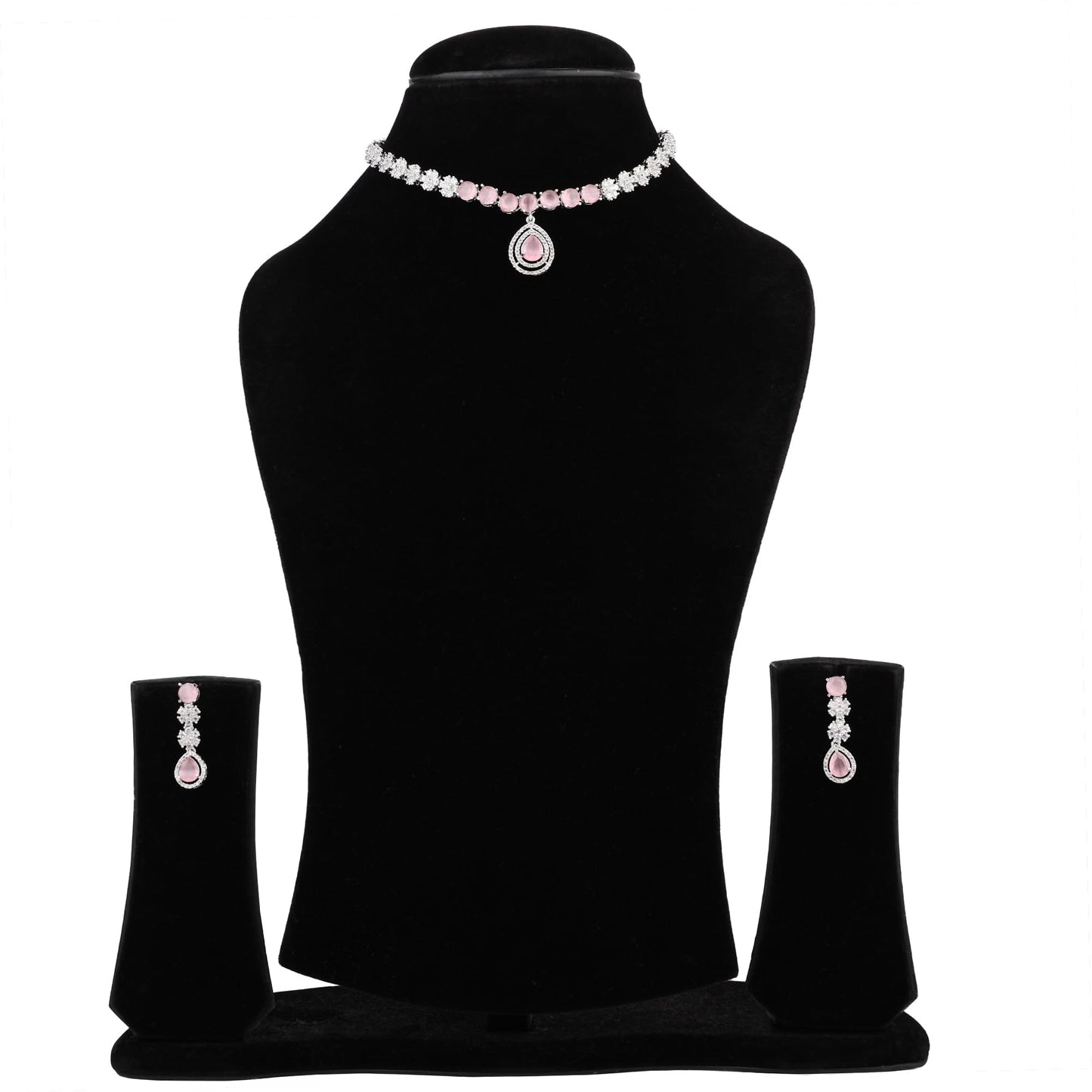 Pink and Silver Necklace with Long Earrings