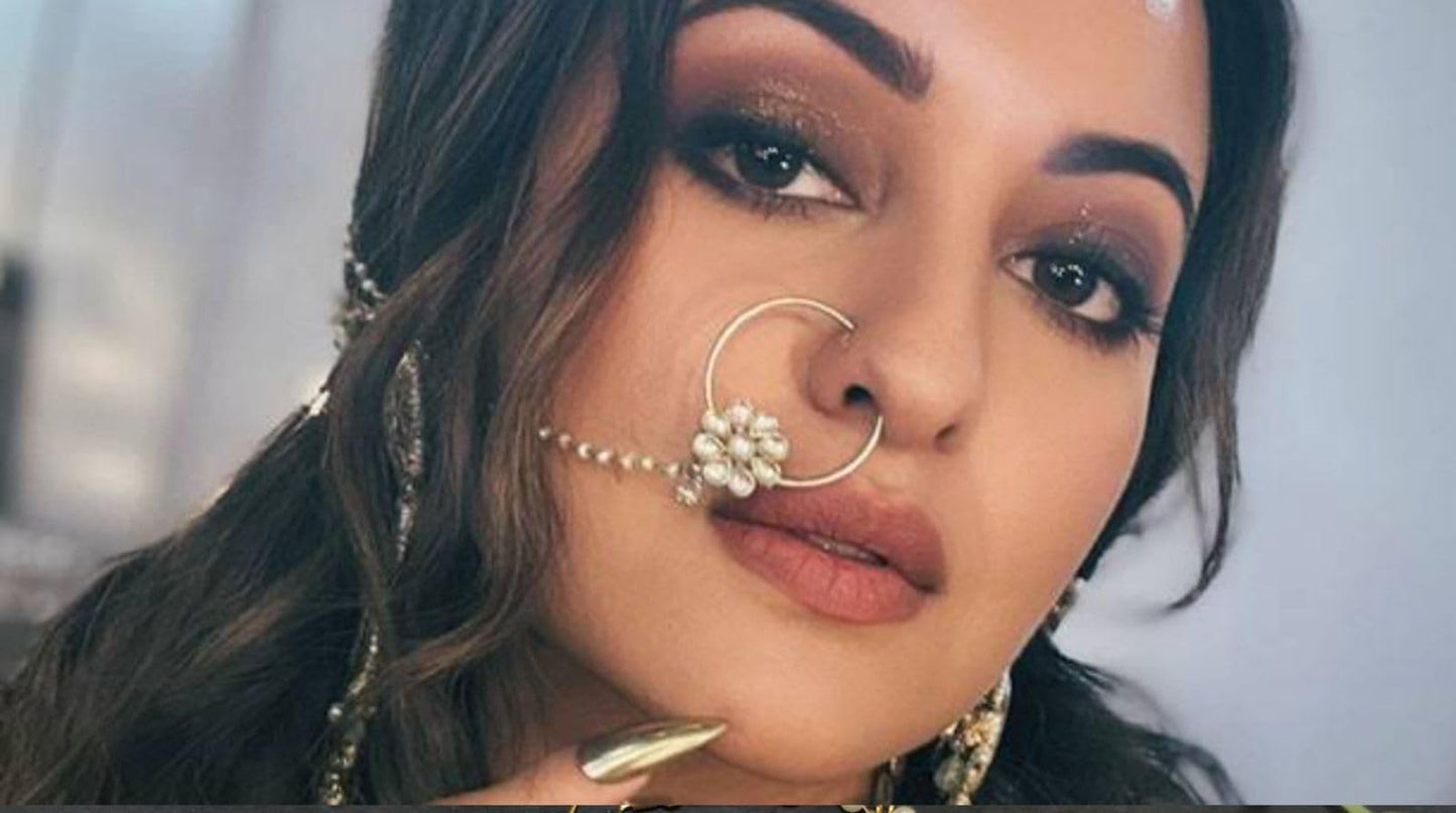 Kundan Motif Design Nose Ring with Pearl Chain