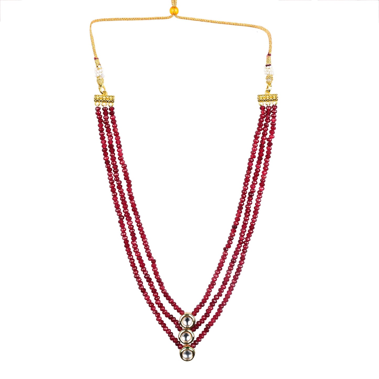 Kundan Three-Strand Red Onyx Beaded Necklace with Stud Earrings