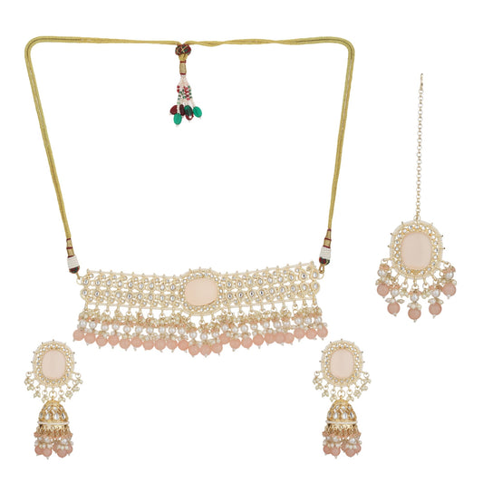Jewellity Peach and Gold Designer Choker Necklace With Earrings and Tika For Women/Girls NSTK-5125