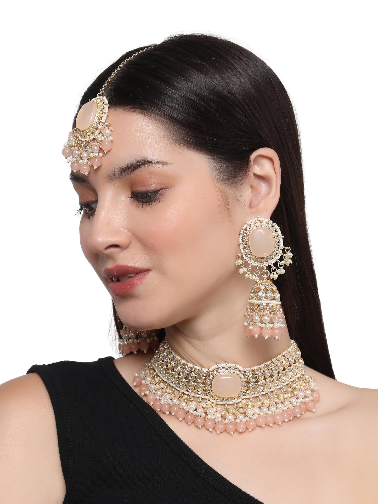 Jewellity Peach and Gold Designer Choker Necklace With Earrings and Tika For Women/Girls NSTK-5125
