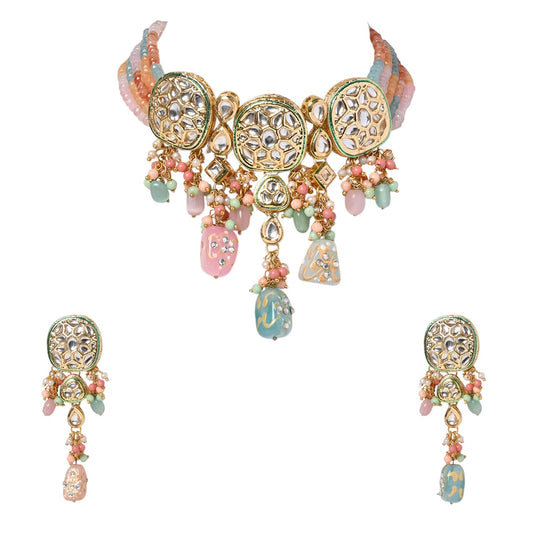 Jewellity Multicolour Pastel Beads Kundan With Meena Choker Necklace With Earrings Set | Choker Design Antique Kundan Traditional Necklace Jewellery Set For Womens & Girls