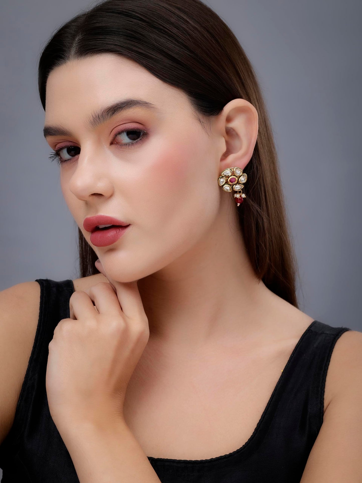 Jewellity Red Stone with Kundan in Gold Ethnic/Traditional/Stud Earrings with Red Bead Drop for Women/Girls ERK-5213