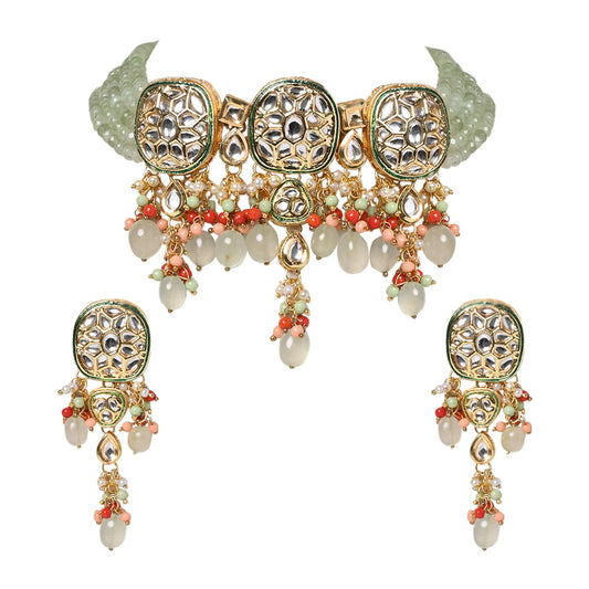 Jewellity Pastel Green/Light Green/Dull Green Kundan Meenakari Choker Necklace With Earrings For Women/Girls NSK-5168