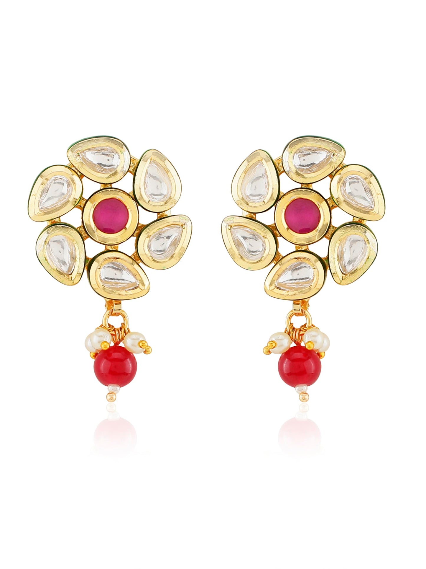 Jewellity Red Stone with Kundan in Gold Ethnic/Traditional/Stud Earrings with Red Bead Drop for Women/Girls ERK-5213