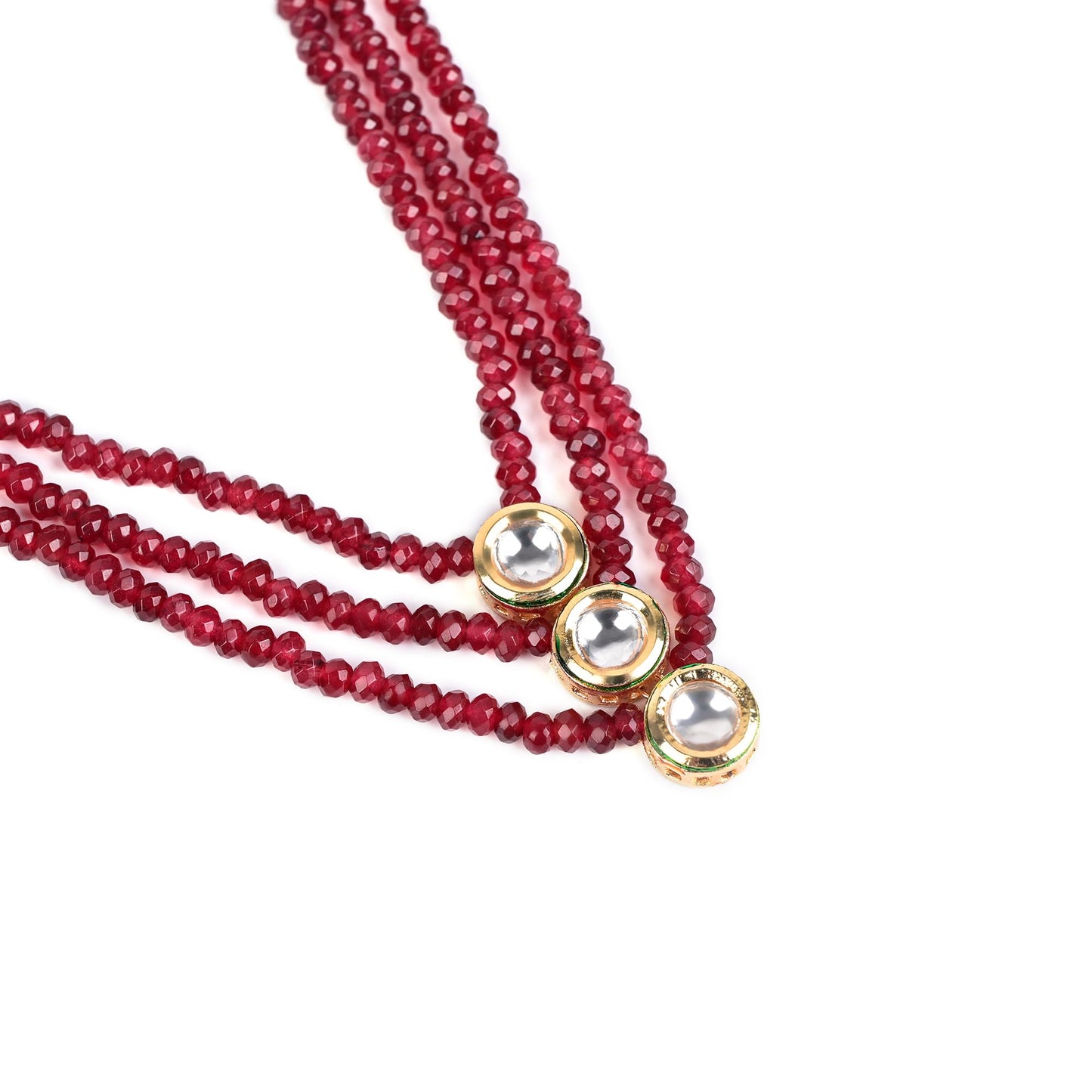 Kundan Three-Strand Red Onyx Beaded Necklace with Stud Earrings