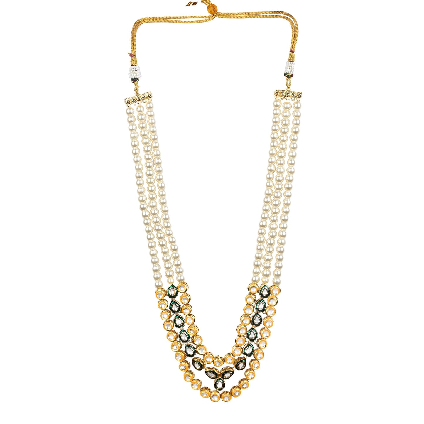 Traditional Multi-Strand Green Kundan Stones  Pearl Necklace