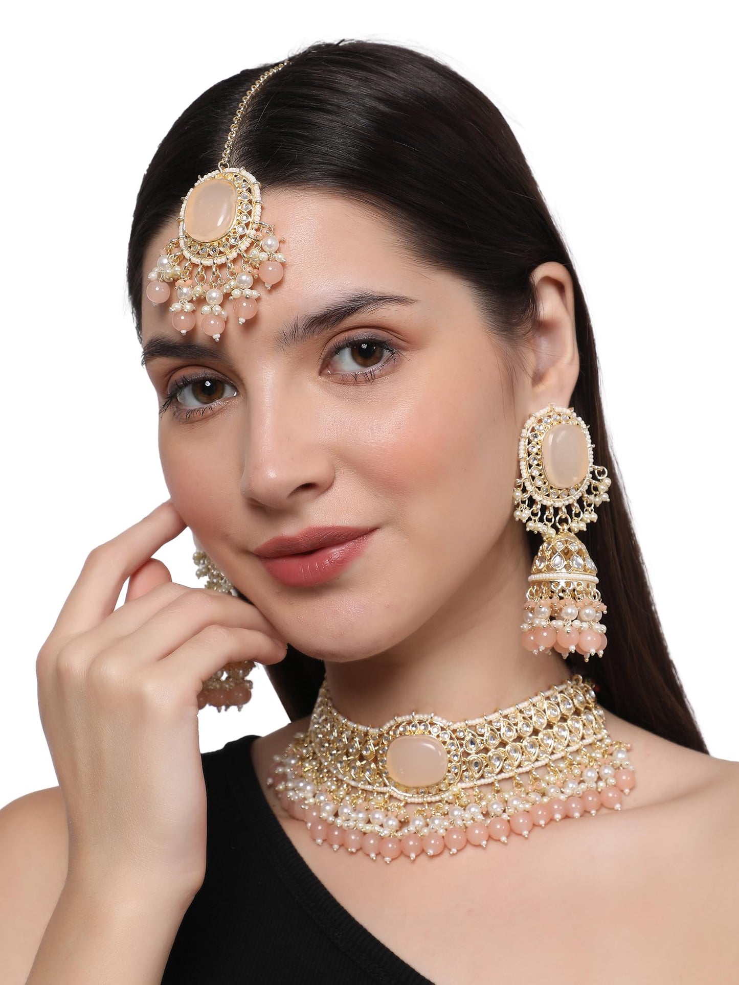 Jewellity Peach and Gold Designer Choker Necklace With Earrings and Tika For Women/Girls NSTK-5125