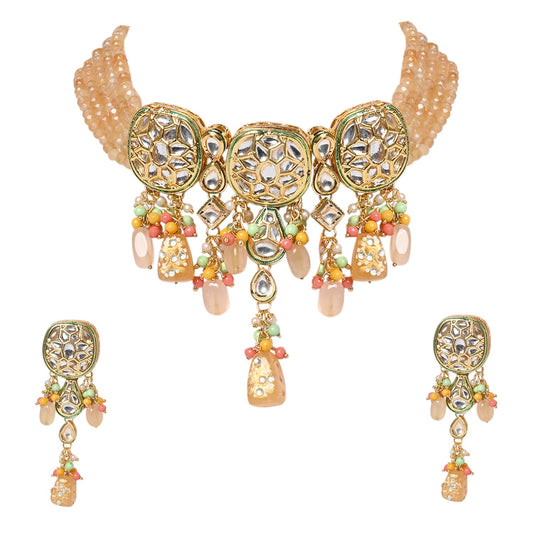 Jewellity Mustard Yellow Kundan Meenakari Choker Necklace With Earrings For Women/Girls NSK-5169