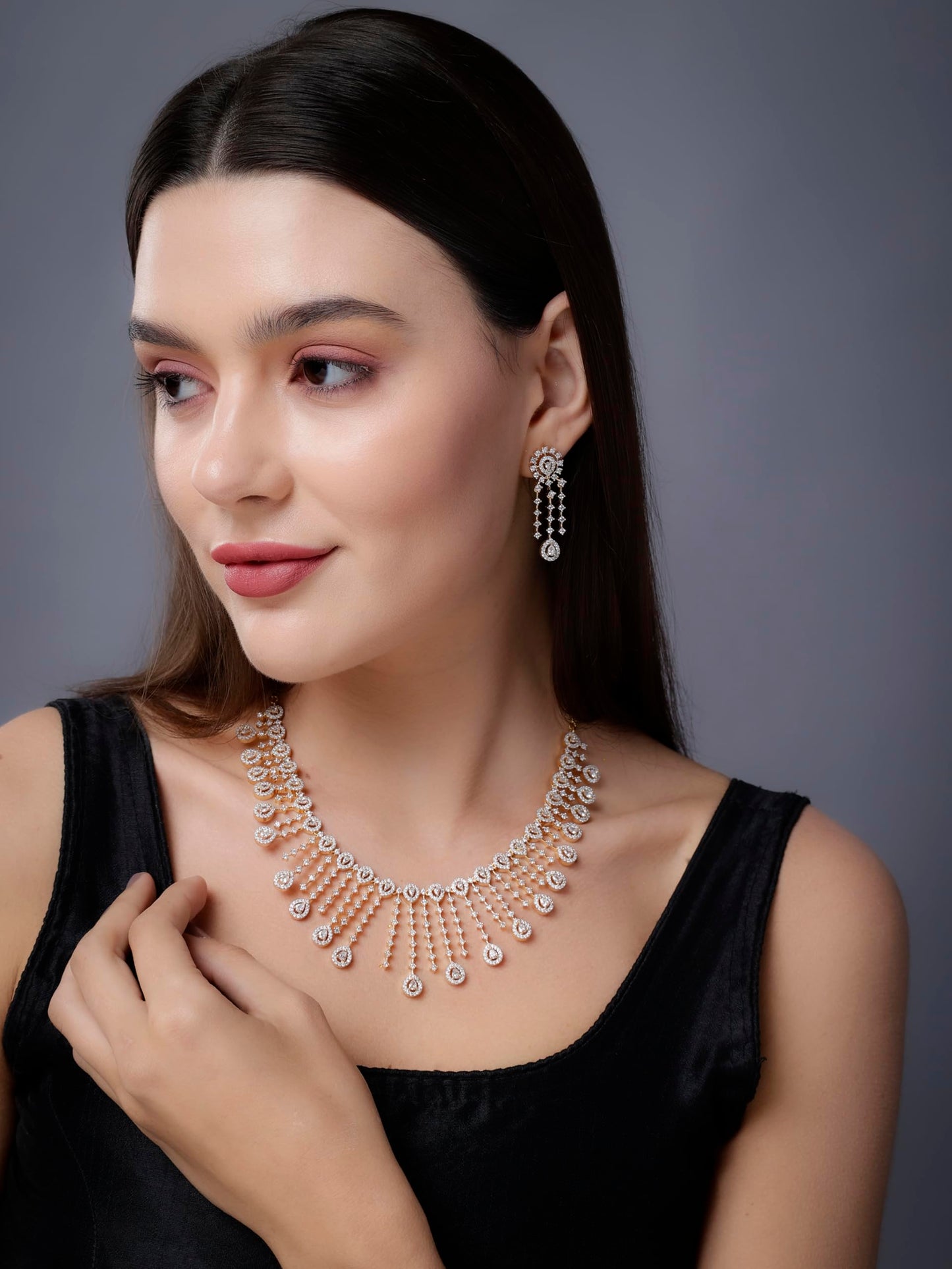 Jewellity Premium American Diamond/AD Designer Necklace With Earrings Set For Girls/Women NSA-776