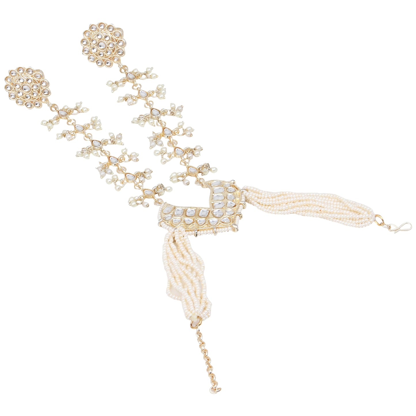 Jewellity White Kundan Hand Chain/Hathfool/Bracelet/Hand Harness with Two Rings, Pearl Chains, Chandbali Centrepiece, Bridal For Women/Girls HCK-5257
