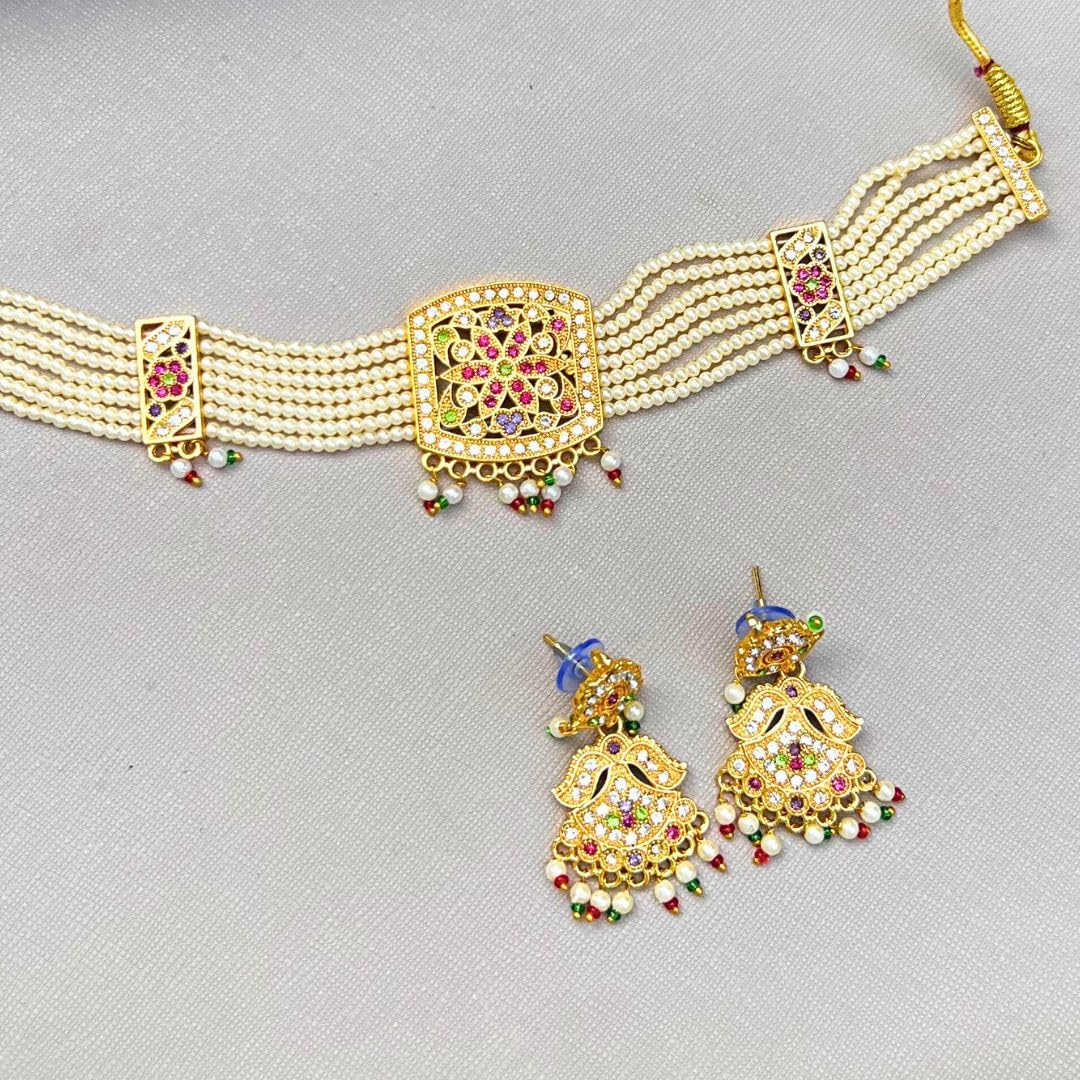 Jewellity Pearl Jadau Choker Necklace with Earrings, Gold Tone with Multicolour Gemstones For Women, Girls NSJ-906