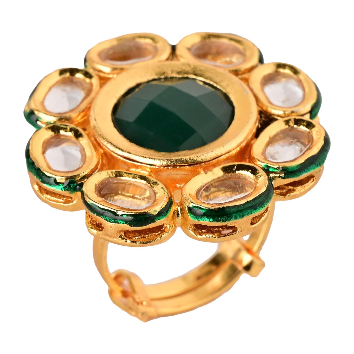 Green Golden Adjustable Kundan Ring