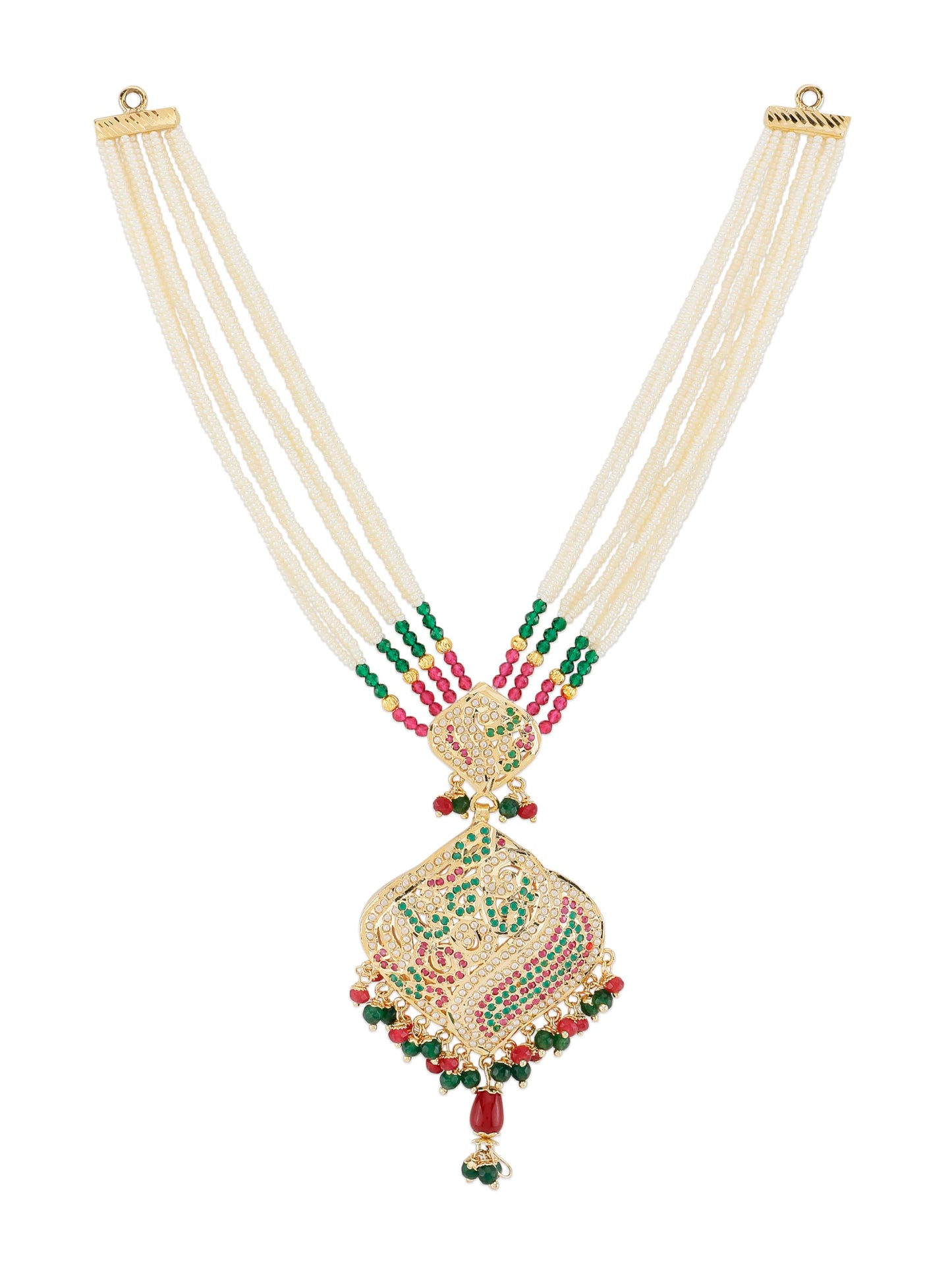 Jewellity Ruby Red, Green and White in Gold Designer Jadau Pendant Necklace With Earrings Set For Girls/Women PSJ-904