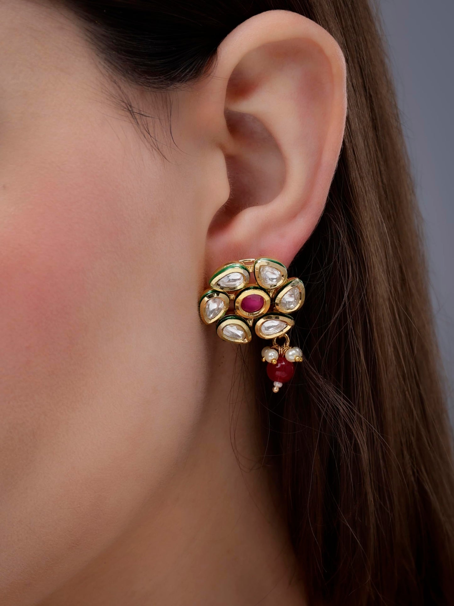 Jewellity Red Stone with Kundan in Gold Ethnic/Traditional/Stud Earrings with Red Bead Drop for Women/Girls ERK-5213