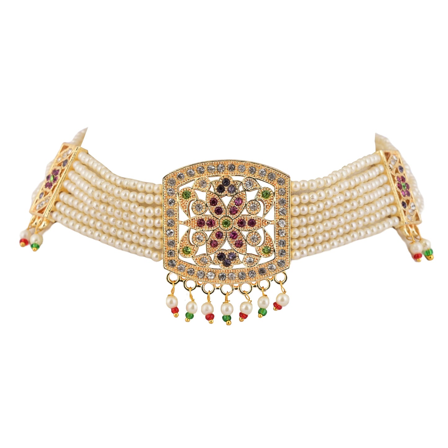 Jewellity Pearl Jadau Choker Necklace with Earrings, Gold Tone with Multicolour Gemstones For Women, Girls NSJ-906