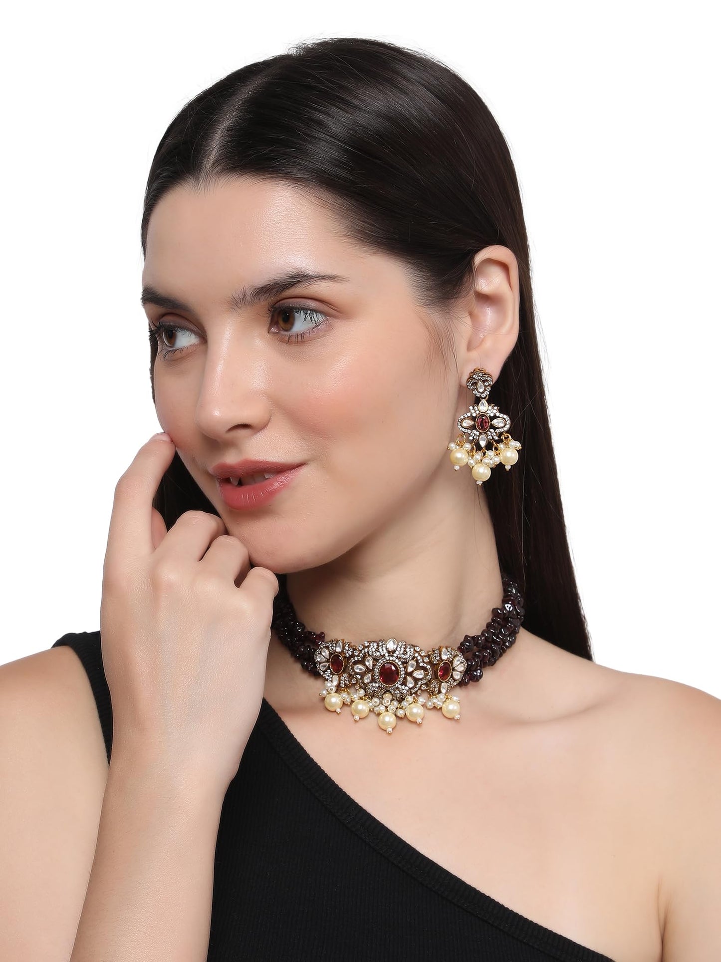 Jewellity Pink Stone AD Kundan Two Tone Choker Necklace With Earrings Set For Women/Girls NSK-5156-1