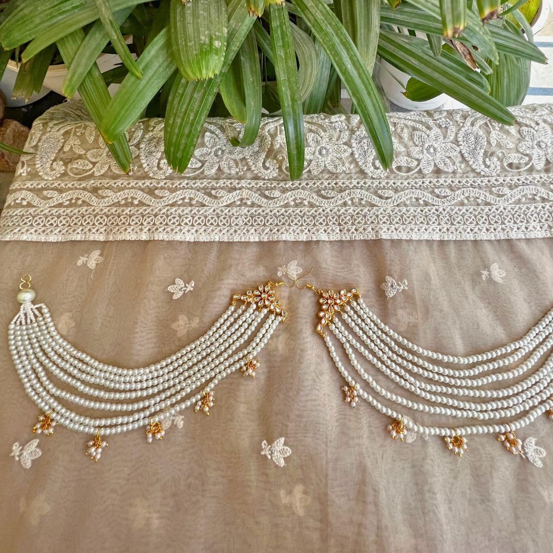 Jewellity White Pearls Ear chains, Earring supporter, Kaan chain, Hair chain,Hair accessory For Women EC-201