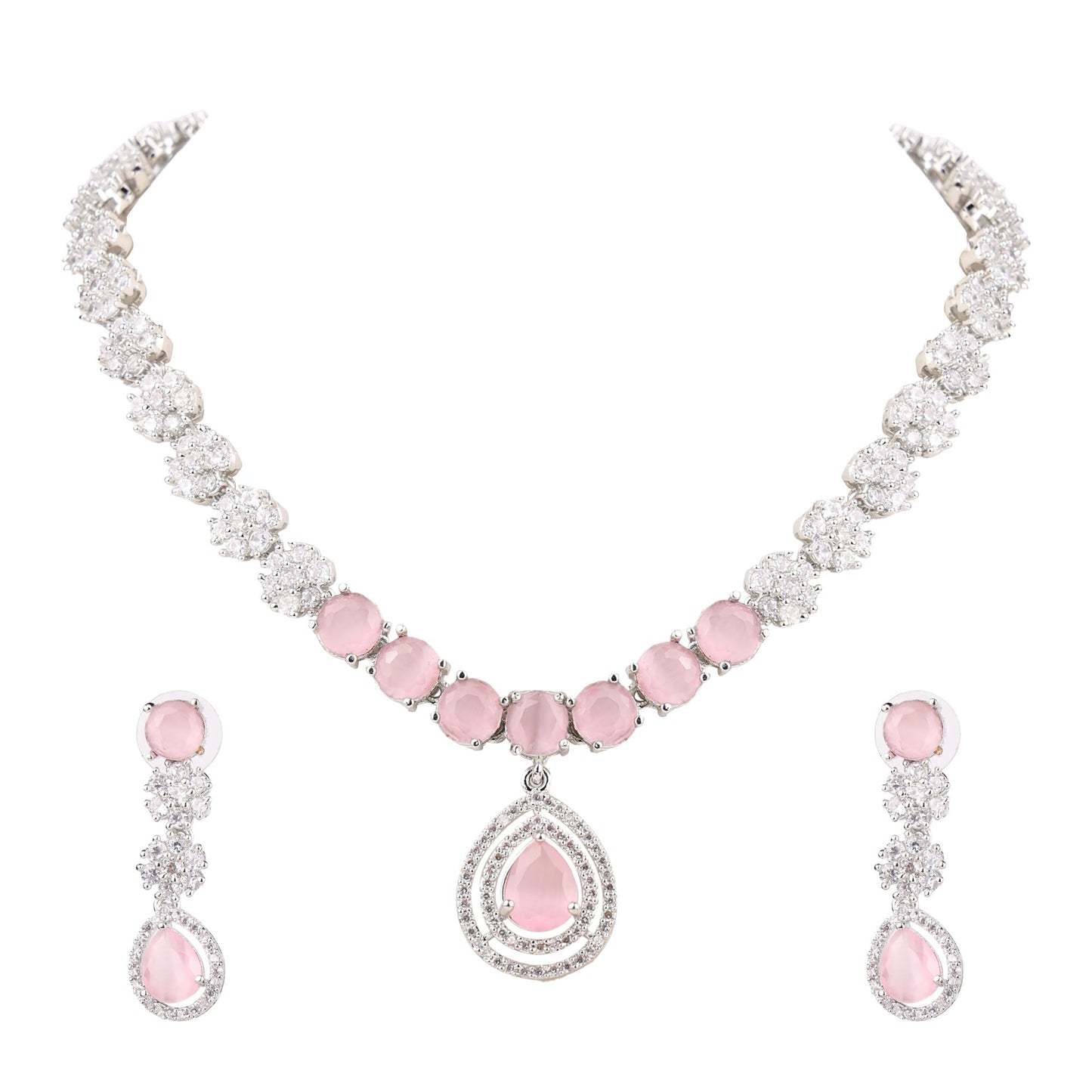 Pink and Silver Necklace with Long Earrings