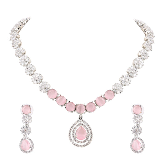 Pink and Silver Necklace with Long Earrings